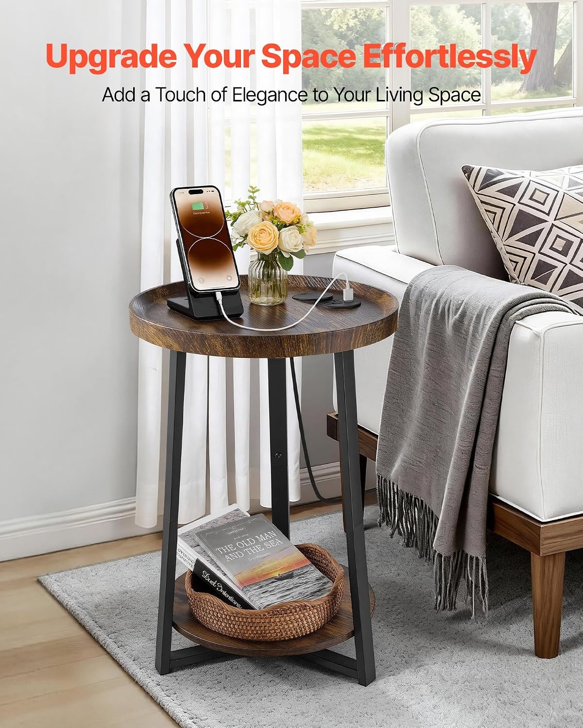 image:imageVEVOR Round Side Table with Charging Station 157 Metal Round End Table with Storage Shelves 49ft Power Cord Modern Nightstand for Bedroom Living Room Office BrownRound