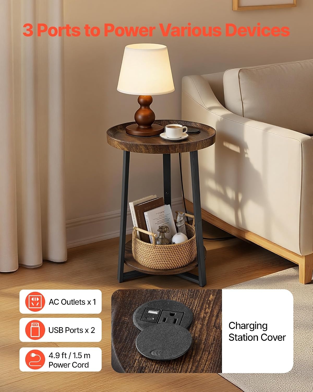 image:imageVEVOR Round Side Table with Charging Station 157 Metal Round End Table with Storage Shelves 49ft Power Cord Modern Nightstand for Bedroom Living Room Office BrownRound