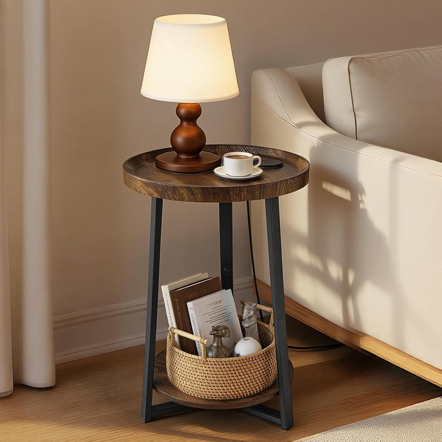 image:imageVEVOR Round Side Table with Charging Station 157 Metal Round End Table with Storage Shelves 49ft Power Cord Modern Nightstand for Bedroom Living Room Office BrownRound