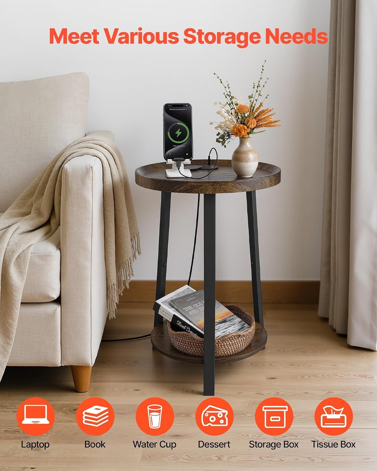 image:imageVEVOR Round Side Table with Charging Station 157 Metal Round End Table with Storage Shelves 49ft Power Cord Modern Nightstand for Bedroom Living Room Office BrownRound