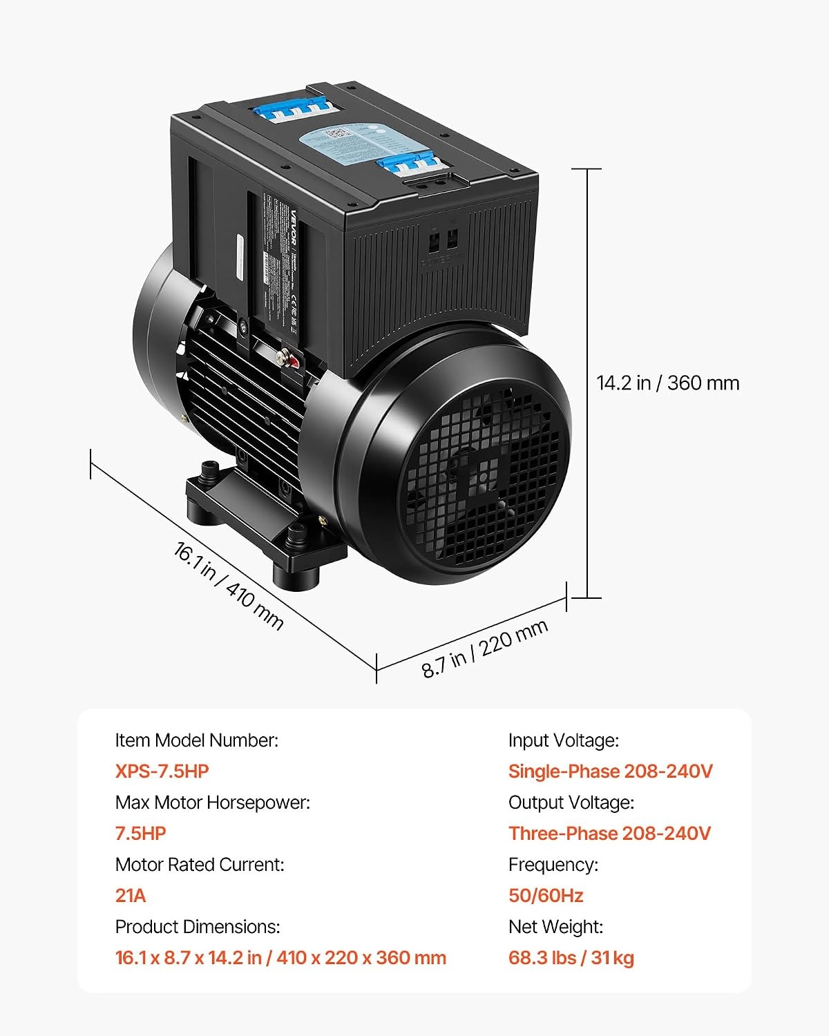 image:imageVEVOR Single Phase to 3Phase Rotary Converter 75HP 21A 208240V InputOutput Rotary Phase Converter Expandable to Higher Horsepower for HeavyLoad Equipment75HP21A