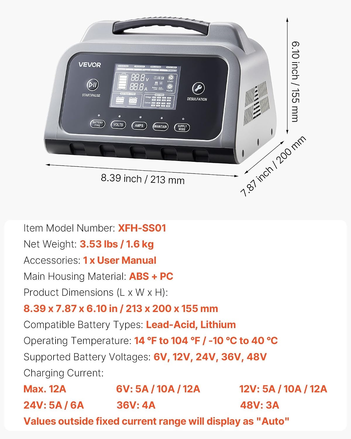 image:imageVEVOR Smart Battery Charger 12A 6V 12V 24V 36V 48V Lithium LiFePO4 LeadAcid GelAGM Car Battery Charger with LCD Display Trickle Charging Maintainer Desulfator for Car Boat Motorcycle