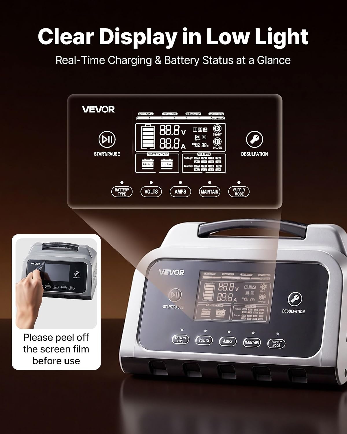 image:imageVEVOR Smart Battery Charger 12A 6V 12V 24V 36V 48V Lithium LiFePO4 LeadAcid GelAGM Car Battery Charger with LCD Display Trickle Charging Maintainer Desulfator for Car Boat Motorcycle