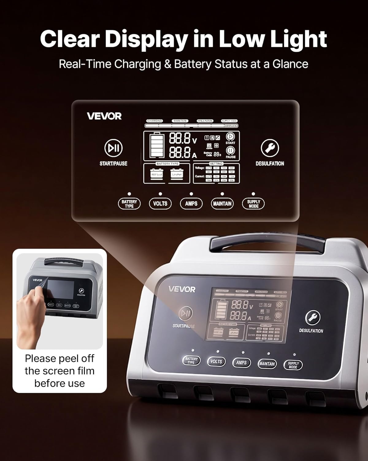 image:imageVEVOR Smart Battery Charger 16A 6V 12V 24V 36V 48V 60V 72V Lithium LiFePO4 LeadAcid GelAGM Car Battery Charger with LCD Display Trickle Charging Maintainer Desulfator for Car Boat Motorcycle