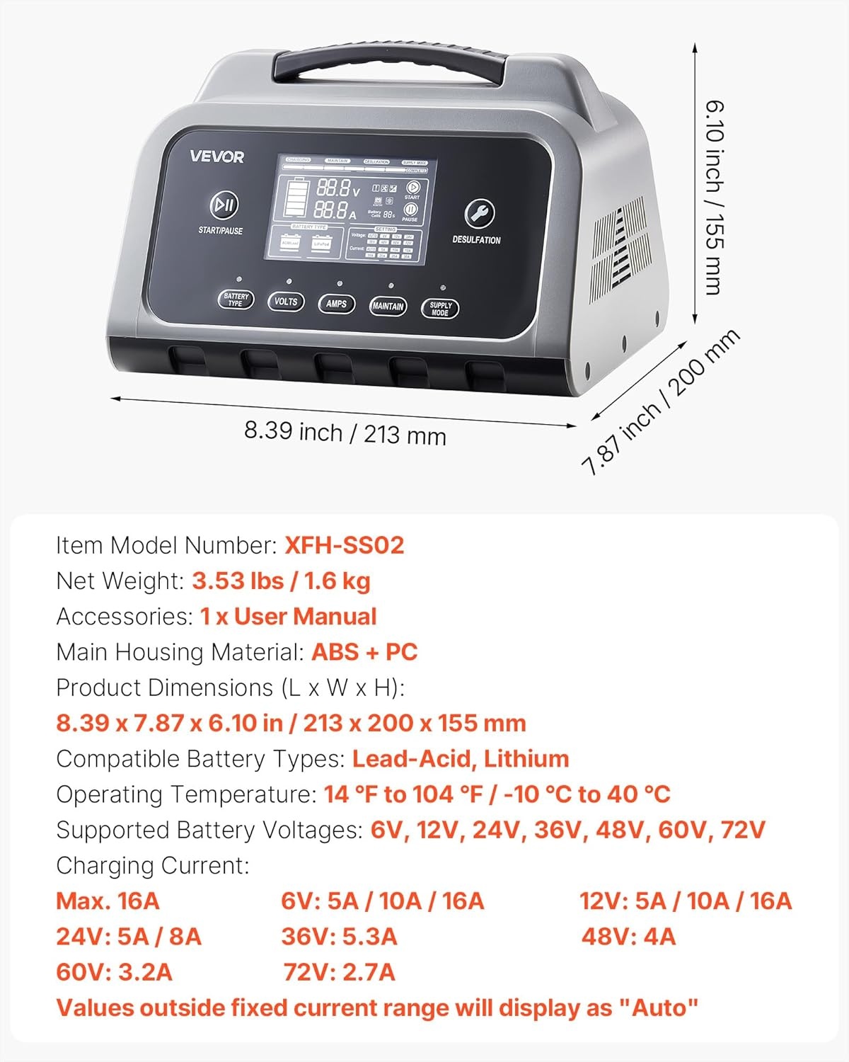 image:imageVEVOR Smart Battery Charger 16A 6V 12V 24V 36V 48V 60V 72V Lithium LiFePO4 LeadAcid GelAGM Car Battery Charger with LCD Display Trickle Charging Maintainer Desulfator for Car Boat Motorcycle