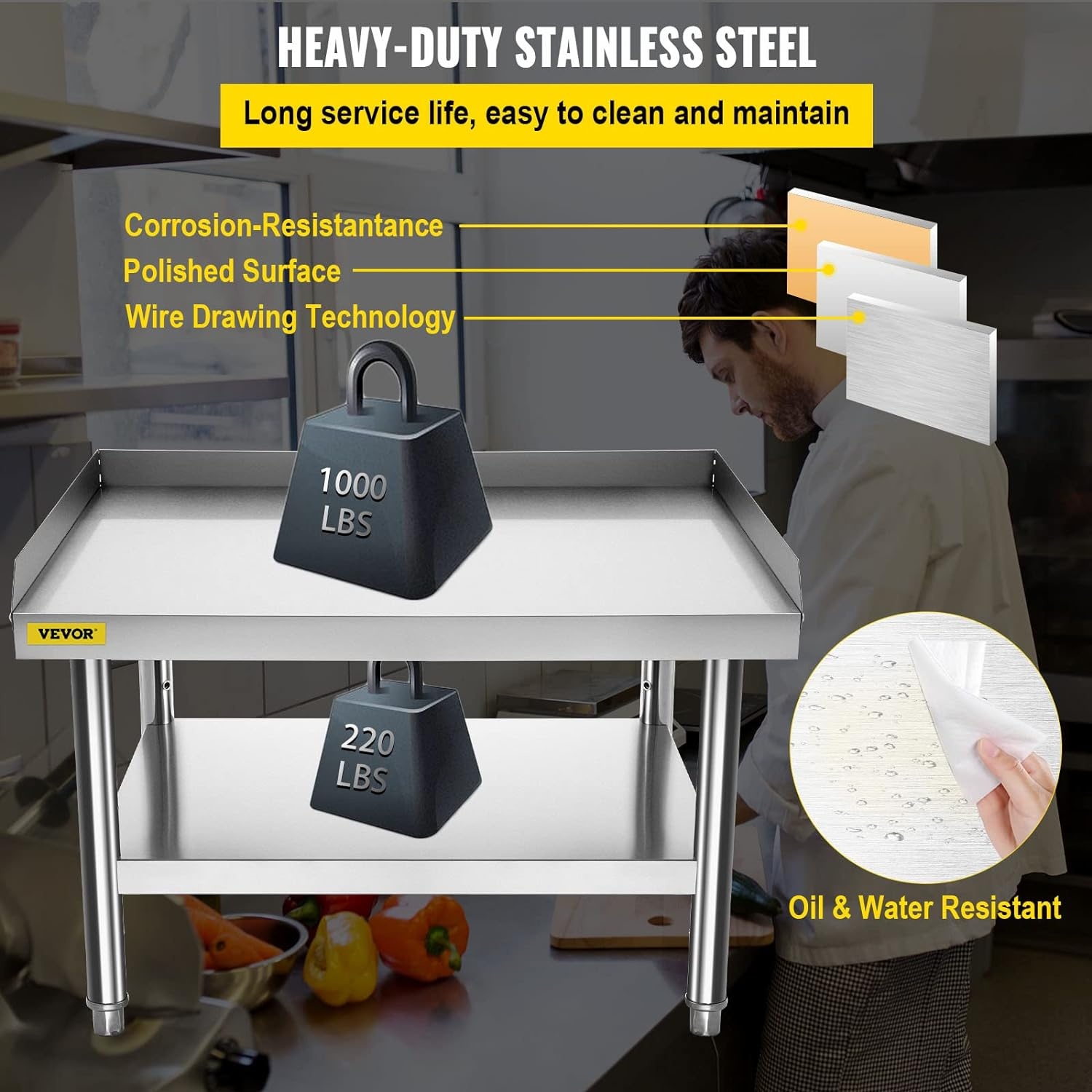 image:imageVEVOR Stainless Steel Equipment Grill Stand 60 x 30 x 24 Inches Stainless Table Grilling Stand Table with Undershelf Equipment Standing Grill Desk for Hotel Home Restaurant Kitchen363024 Inch