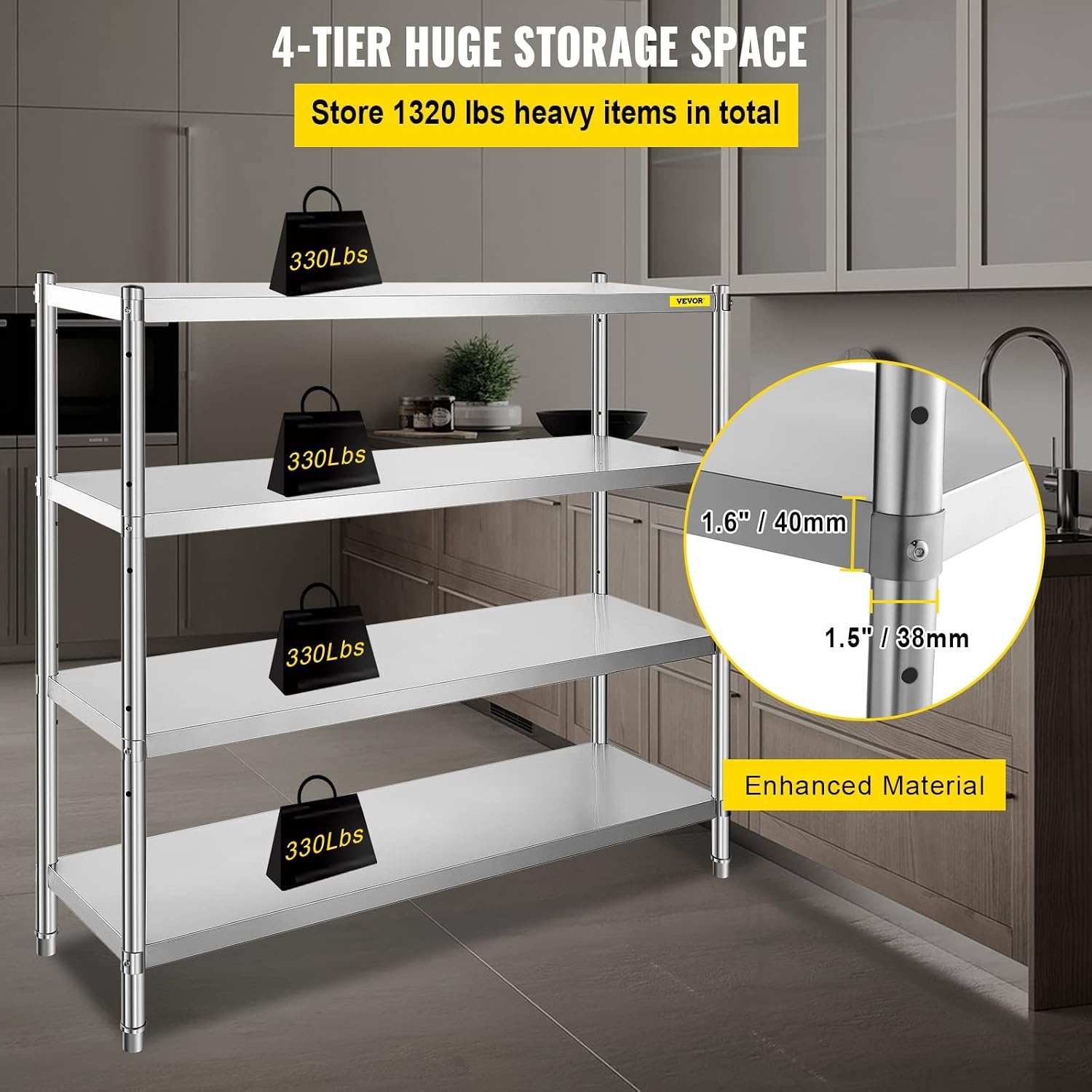 image:imageVEVOR Stainless Steel Shelving 60x185 Inch 4 Tier Adjustable Shelf Storage Unit Stainless Steel Heavy Duty Shelving for Kitchen Commercial Office Garage Storage 330lb Per Shelf