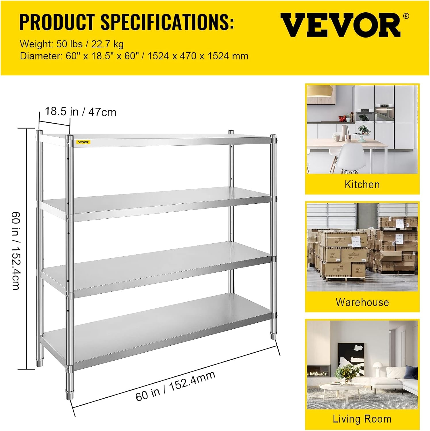 image:imageVEVOR Stainless Steel Shelving 60x185 Inch 4 Tier Adjustable Shelf Storage Unit Stainless Steel Heavy Duty Shelving for Kitchen Commercial Office Garage Storage 330lb Per Shelf