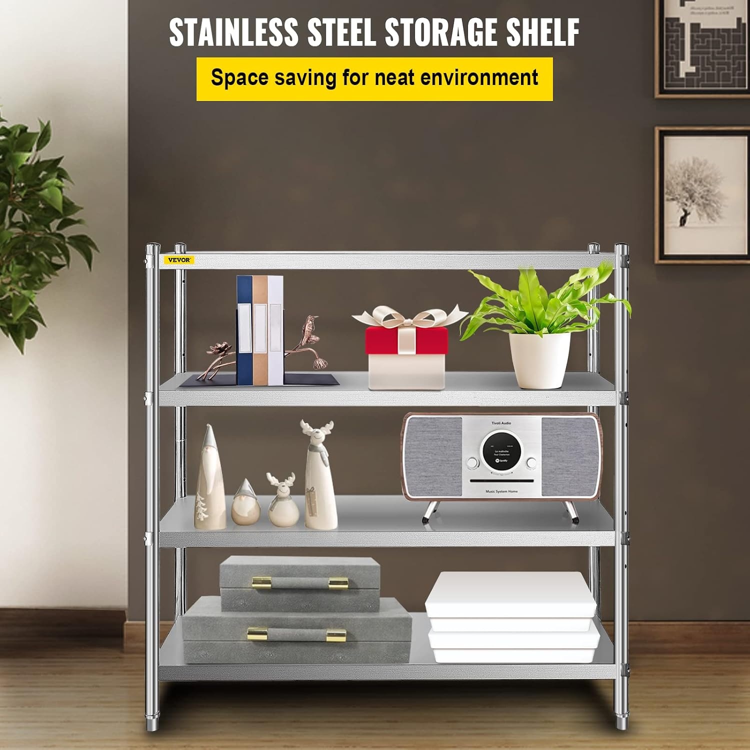 image:imageVEVOR Stainless Steel Shelving 60x185 Inch 4 Tier Adjustable Shelf Storage Unit Stainless Steel Heavy Duty Shelving for Kitchen Commercial Office Garage Storage 330lb Per Shelf