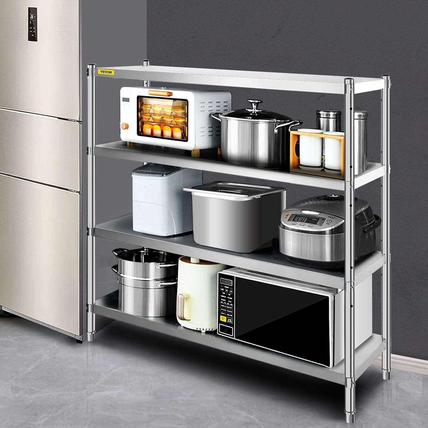 image:imageVEVOR Stainless Steel Shelving 60x185 Inch 4 Tier Adjustable Shelf Storage Unit Stainless Steel Heavy Duty Shelving for Kitchen Commercial Office Garage Storage 330lb Per Shelf