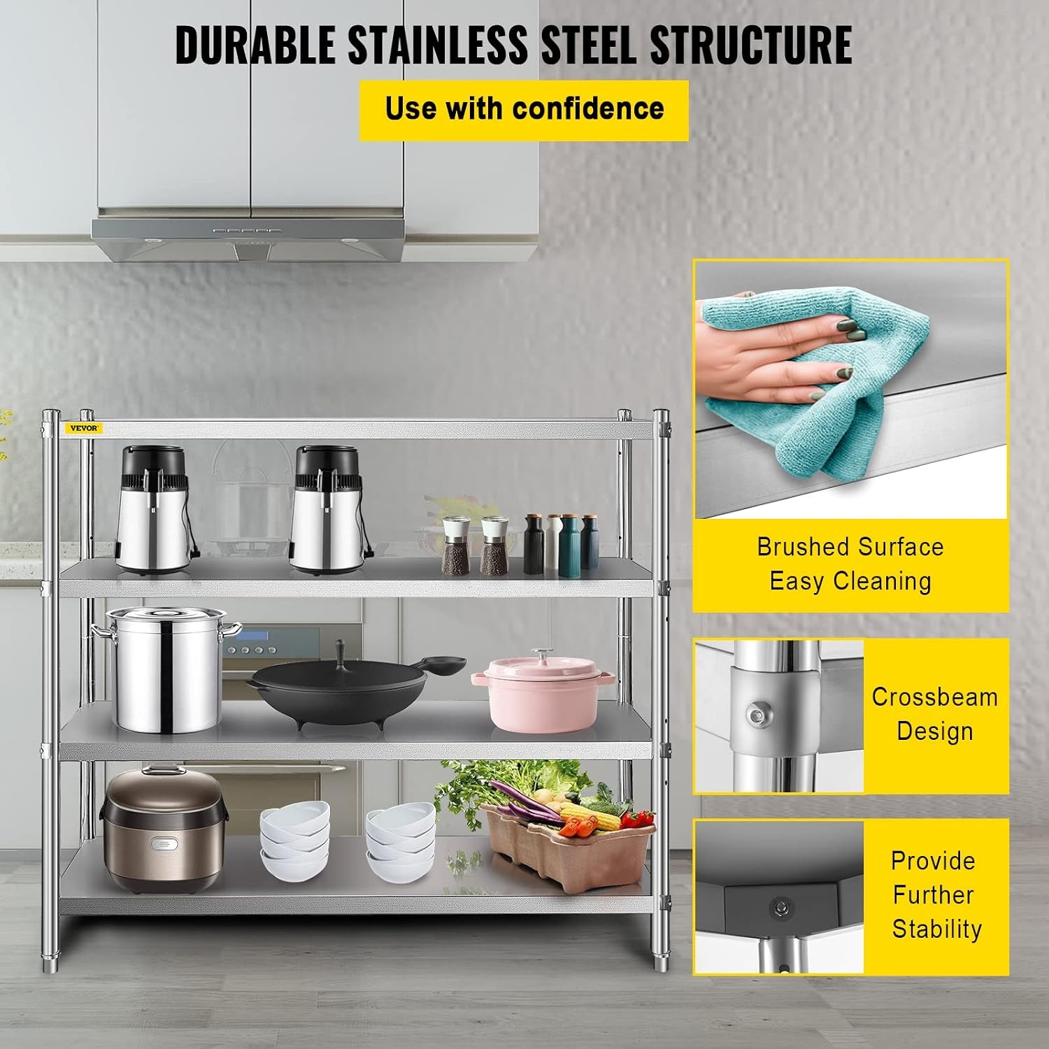 image:imageVEVOR Stainless Steel Shelving 60x185 Inch 4 Tier Adjustable Shelf Storage Unit Stainless Steel Heavy Duty Shelving for Kitchen Commercial Office Garage Storage 330lb Per Shelf