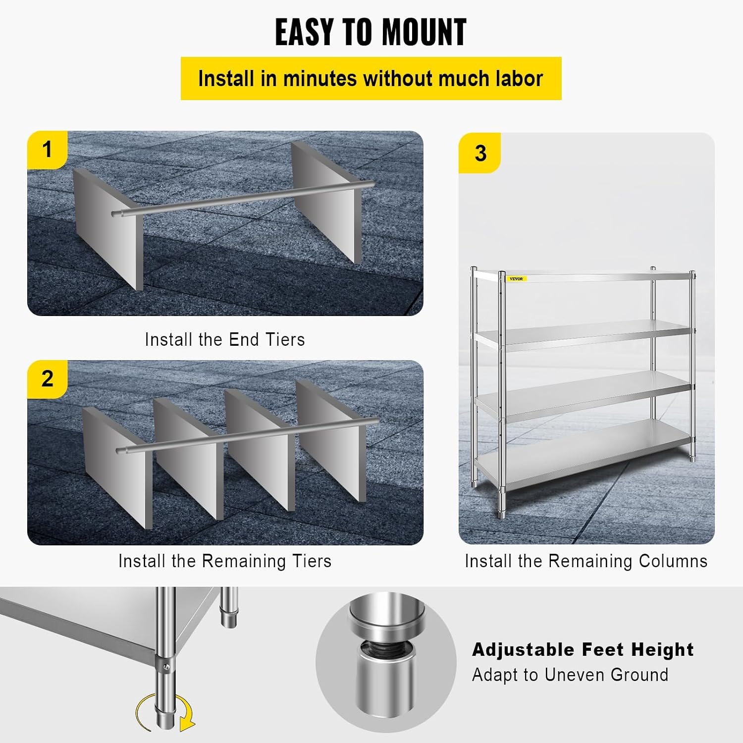 image:imageVEVOR Stainless Steel Shelving 60x185 Inch 4 Tier Adjustable Shelf Storage Unit Stainless Steel Heavy Duty Shelving for Kitchen Commercial Office Garage Storage 330lb Per Shelf