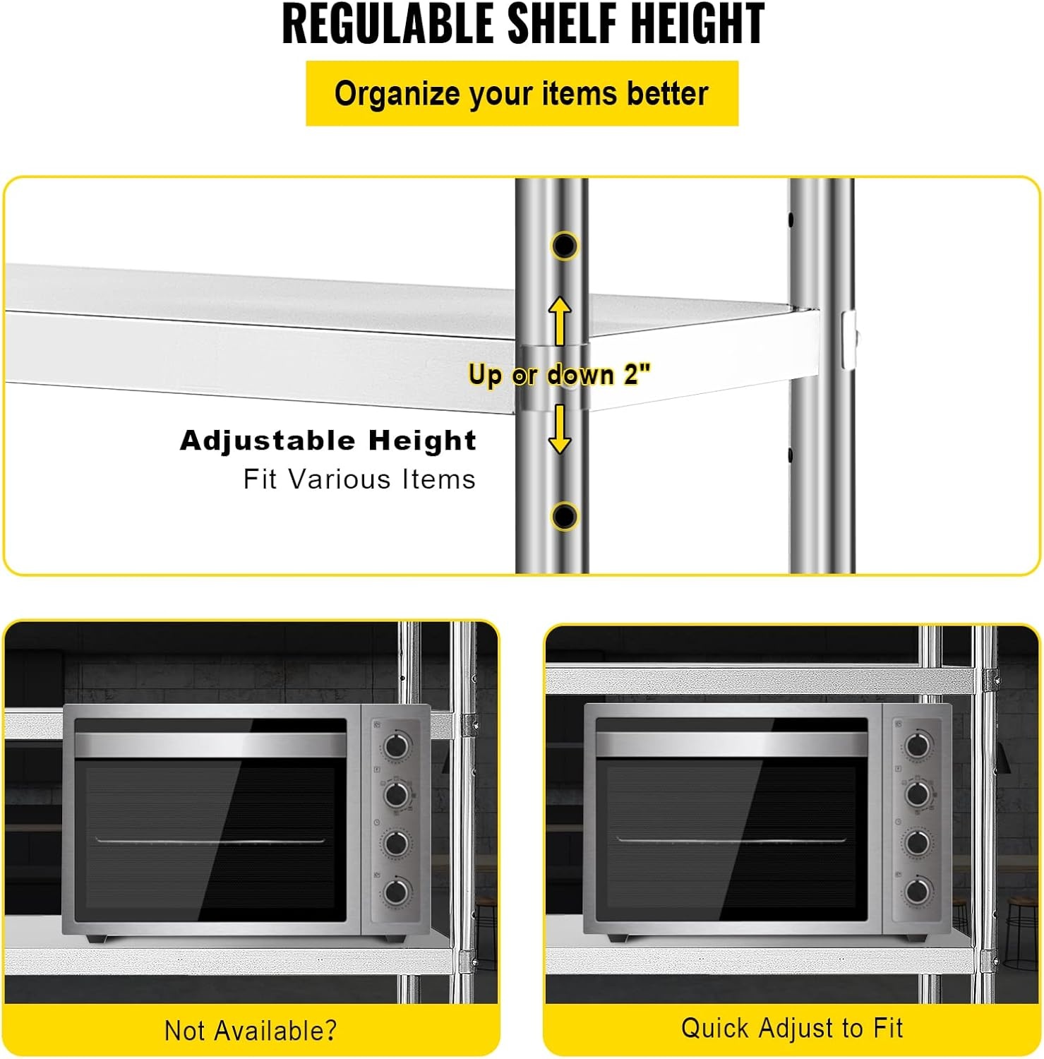 image:imageVEVOR Stainless Steel Shelving 60x185 Inch 4 Tier Adjustable Shelf Storage Unit Stainless Steel Heavy Duty Shelving for Kitchen Commercial Office Garage Storage 330lb Per Shelf