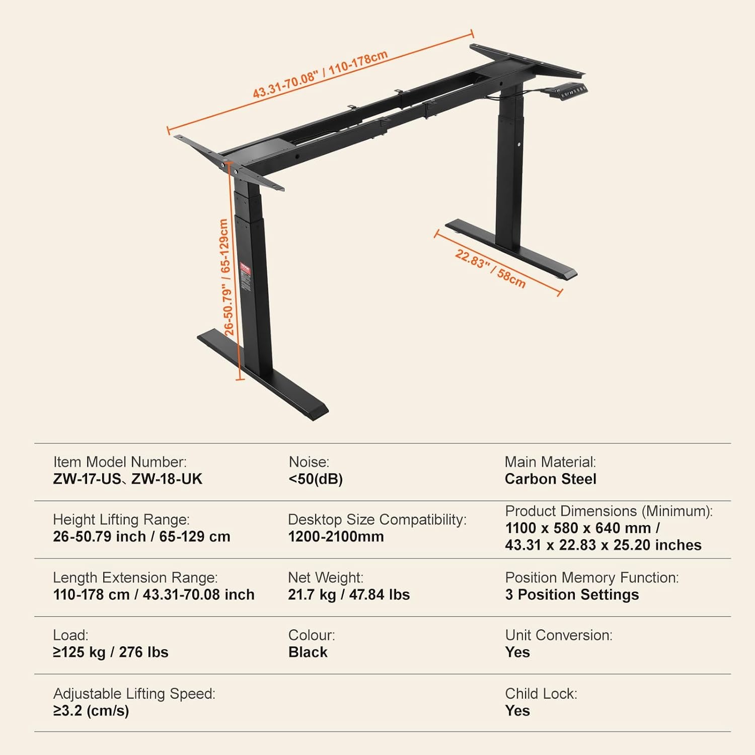 image:imageVEVOR Standing Desk Frame Dual Motor Adjustable 26508 Height amp 433701 Length Electric Stand Up Computer Desk Legs Ergonomic Workstation Base for Home Office 3 Positions Black Frame Only