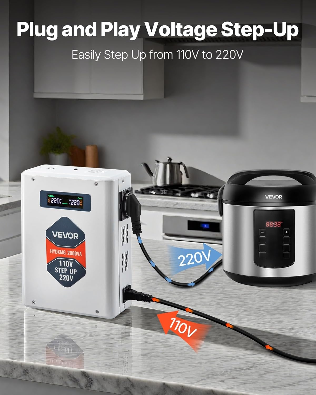 image:imageVEVOR Step Down Voltage Converter 2000VA Heavy Duty Voltage Power Converter 220V to 110V Power Transformer with 2 US Outlets USB Output LCD Display Temperature Protection for 110V AppliancesOrange