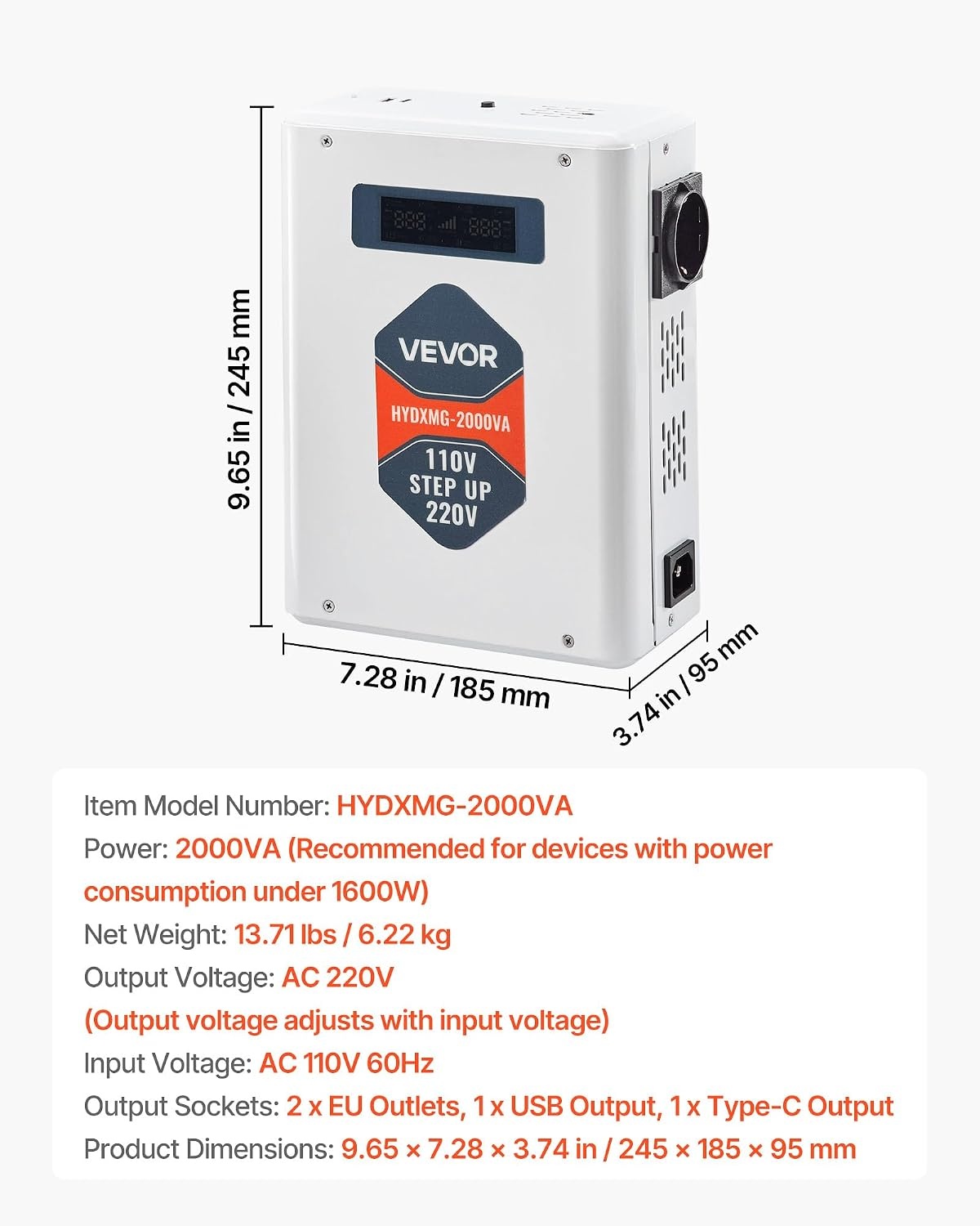 image:imageVEVOR Step Down Voltage Converter 2000VA Heavy Duty Voltage Power Converter 220V to 110V Power Transformer with 2 US Outlets USB Output LCD Display Temperature Protection for 110V AppliancesOrange