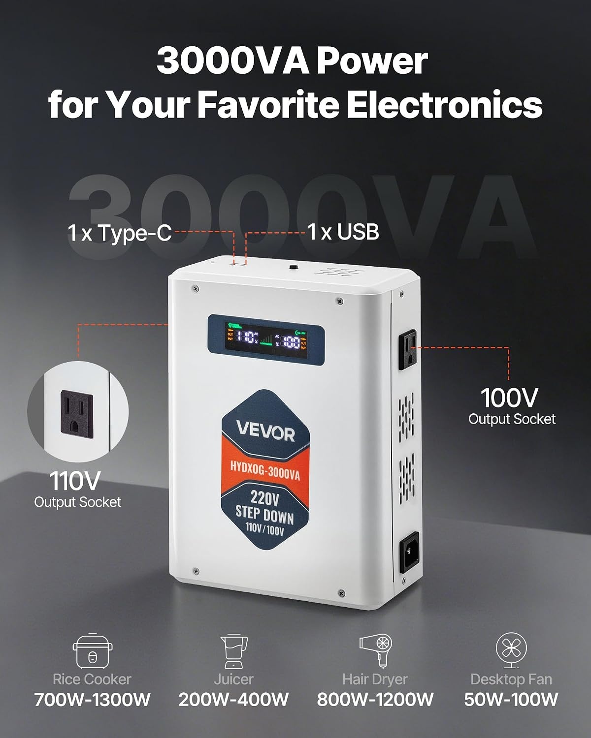 image:imageVEVOR Step Down Voltage Converter 2000VA Heavy Duty Voltage Power Converter 220V to 110V Power Transformer with 2 US Outlets USB Output LCD Display Temperature Protection for 110V AppliancesWhite