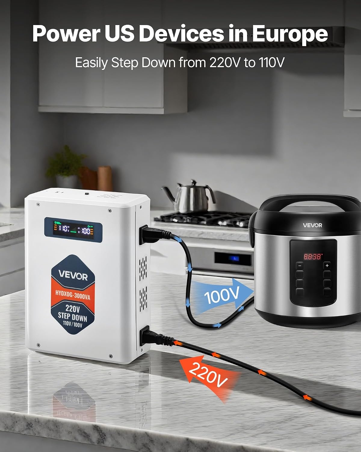 image:imageVEVOR Step Down Voltage Converter 2000VA Heavy Duty Voltage Power Converter 220V to 110V Power Transformer with 2 US Outlets USB Output LCD Display Temperature Protection for 110V AppliancesWhite
