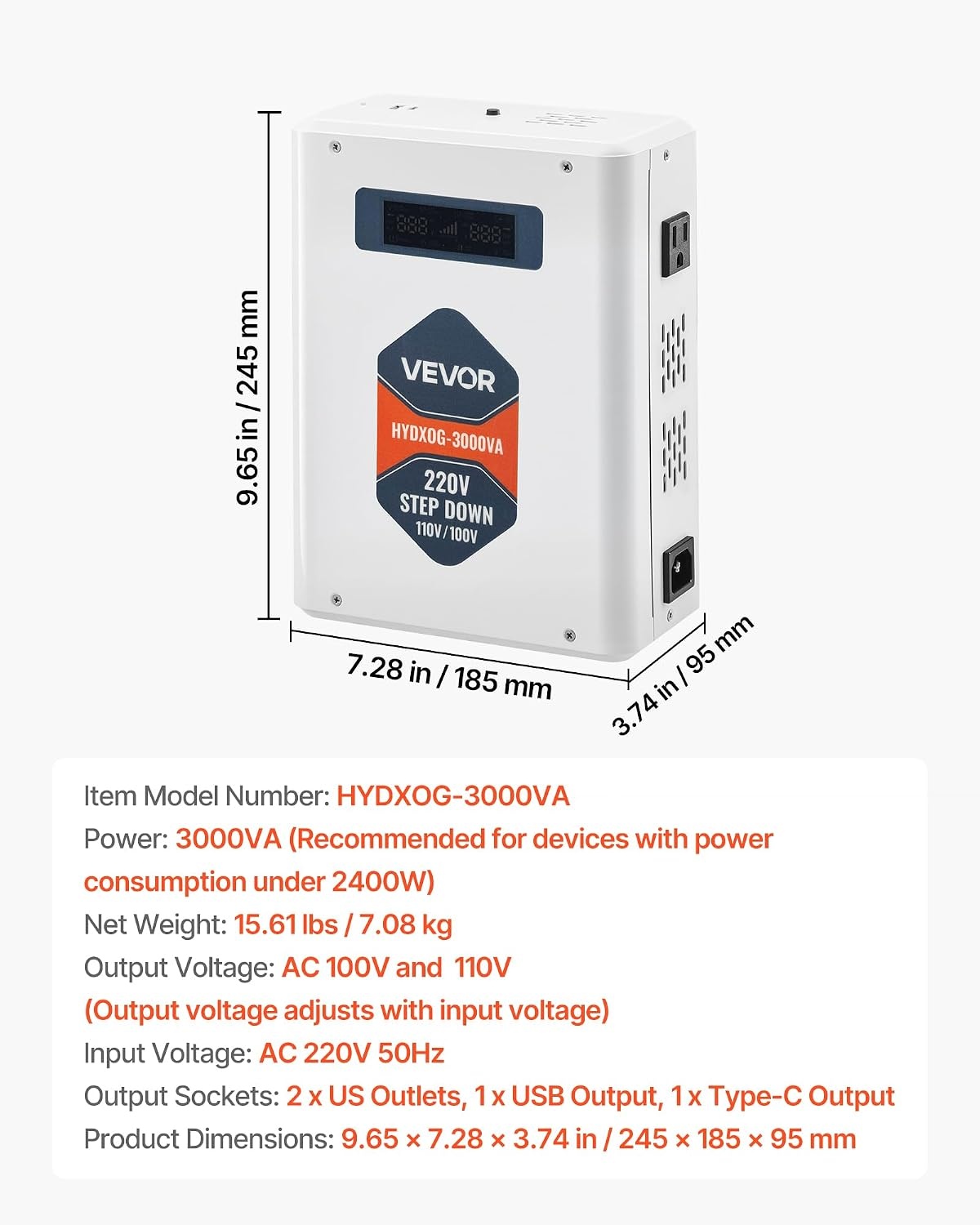 image:imageVEVOR Step Down Voltage Converter 2000VA Heavy Duty Voltage Power Converter 220V to 110V Power Transformer with 2 US Outlets USB Output LCD Display Temperature Protection for 110V AppliancesWhite