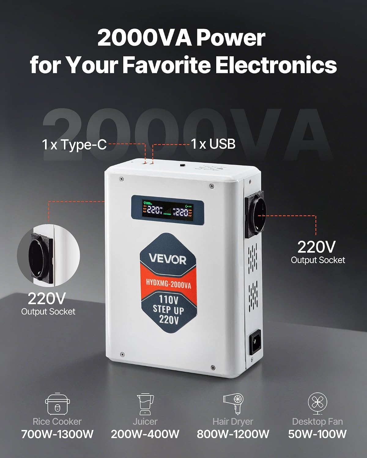 image:imageVEVOR Step Down Voltage Converter 2000VA Heavy Duty Voltage Power Converter 220V to 110V Power Transformer with 2 US Outlets USB Output LCD Display Temperature Protection for 110V AppliancesOrange