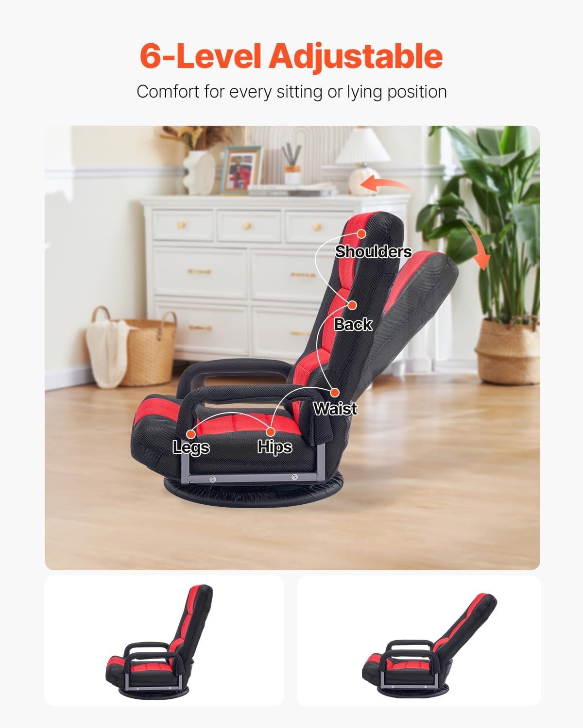 image:imageVEVOR Swivel Floor Gaming Chair with Armrests 360Degree Rotating Floor Chair with 6 Adjustable Position Folding Backrest and Lumbar Support Folding Video Reclining Sofa for TV Reading Red Black