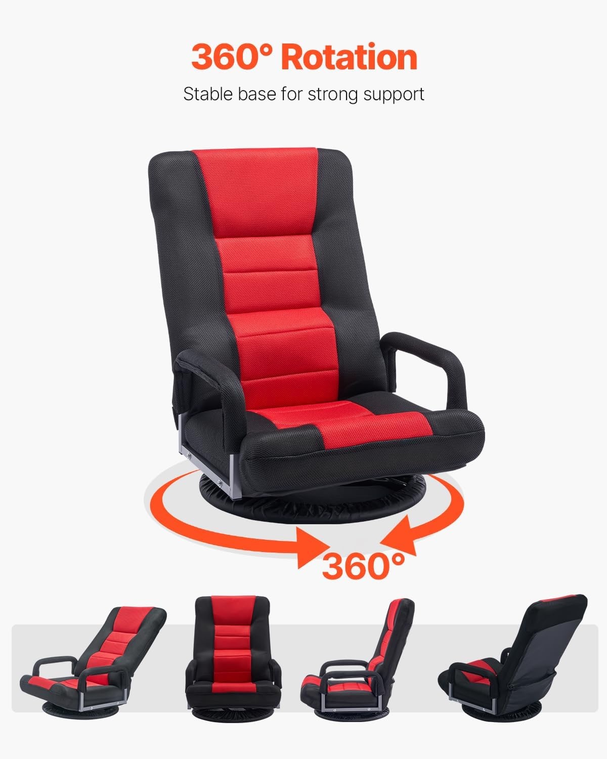 image:imageVEVOR Swivel Floor Gaming Chair with Armrests 360Degree Rotating Floor Chair with 6 Adjustable Position Folding Backrest and Lumbar Support Folding Video Reclining Sofa for TV Reading Red Black
