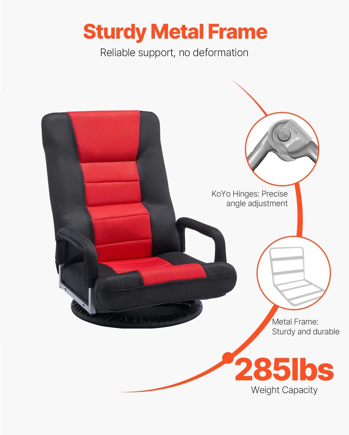 image:imageVEVOR Swivel Floor Gaming Chair with Armrests 360Degree Rotating Floor Chair with 6 Adjustable Position Folding Backrest and Lumbar Support Folding Video Reclining Sofa for TV Reading Red Black