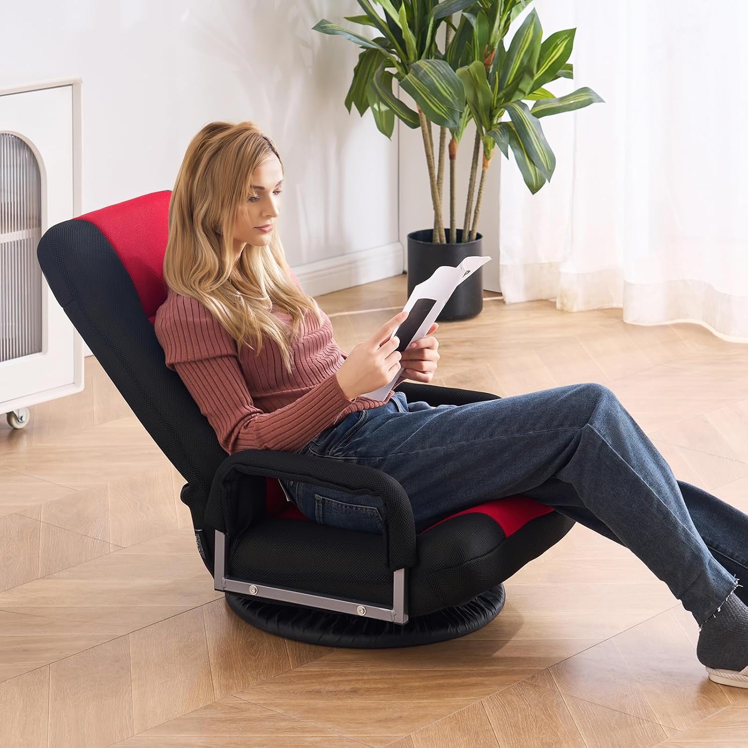 image:imageVEVOR Swivel Floor Gaming Chair with Armrests 360Degree Rotating Floor Chair with 6 Adjustable Position Folding Backrest and Lumbar Support Folding Video Reclining Sofa for TV Reading Red Black
