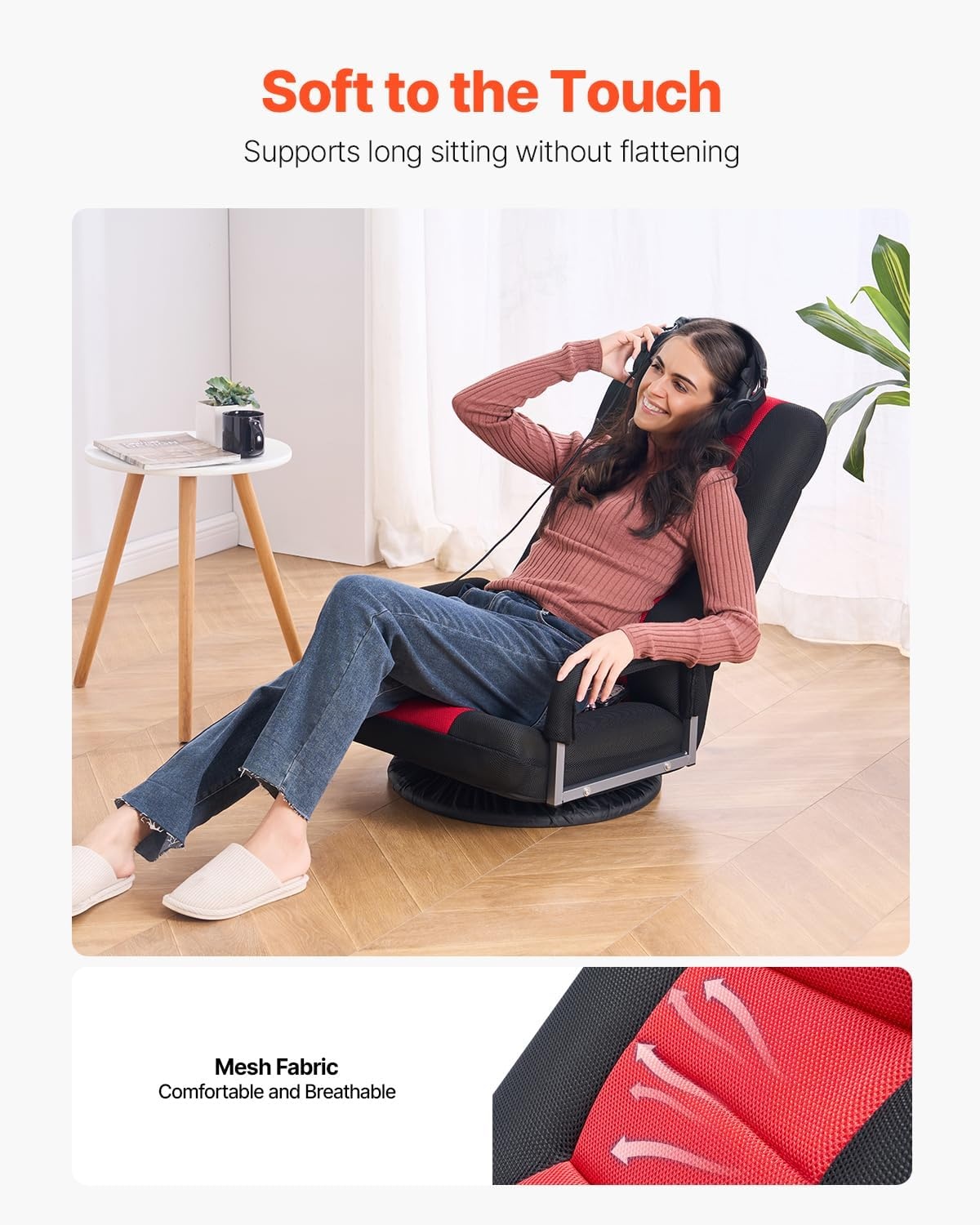 image:imageVEVOR Swivel Floor Gaming Chair with Armrests 360Degree Rotating Floor Chair with 6 Adjustable Position Folding Backrest and Lumbar Support Folding Video Reclining Sofa for TV Reading Red Black