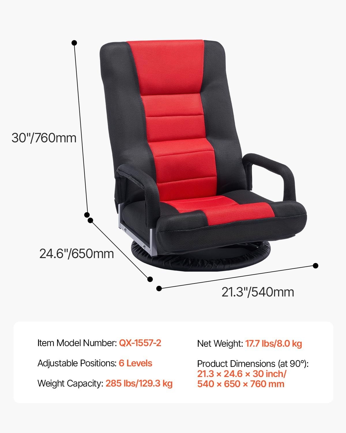 image:imageVEVOR Swivel Floor Gaming Chair with Armrests 360Degree Rotating Floor Chair with 6 Adjustable Position Folding Backrest and Lumbar Support Folding Video Reclining Sofa for TV Reading Red Black