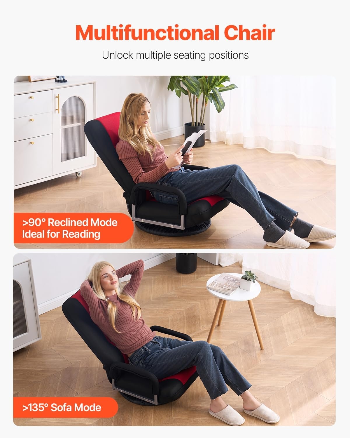 image:imageVEVOR Swivel Floor Gaming Chair with Armrests 360Degree Rotating Floor Chair with 6 Adjustable Position Folding Backrest and Lumbar Support Folding Video Reclining Sofa for TV Reading Red Black