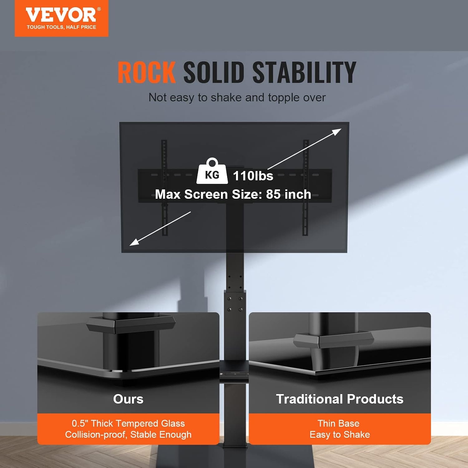 image:imageVEVOR Swivel TV Stand Mount Adjustable Floor Stand for 3285 Inch TVs Holds Up to 110lbs Height Adjustable with Tempered Glass Base Max VESA 400x800mm for Living Room or Bedroom3285inch