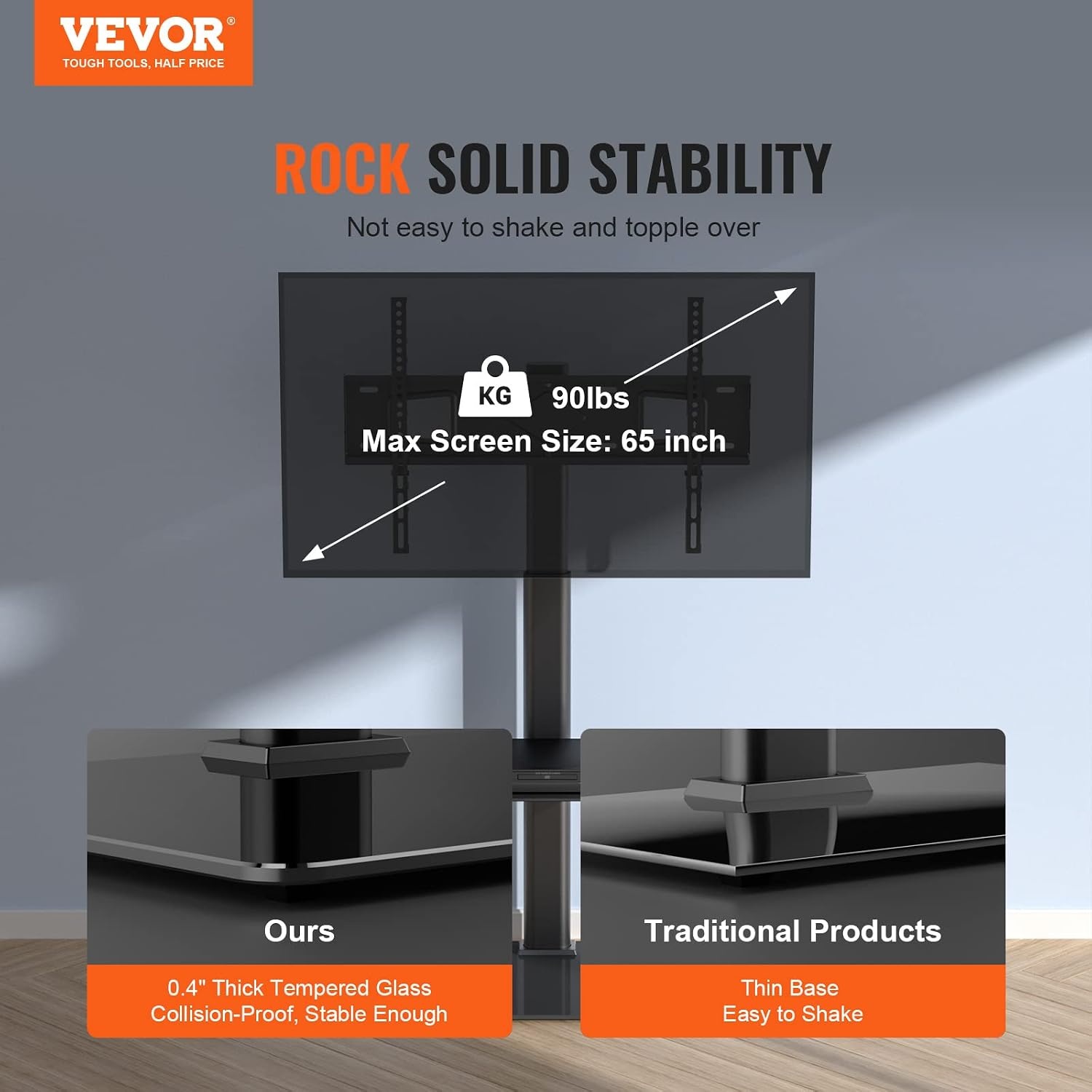 image:imageVEVOR Swivel TV Stand Mount Adjustable Floor Stand for 3285 Inch TVs Holds Up to 110lbs Height Adjustable with Tempered Glass Base Max VESA 400x800mm for Living Room or Bedroom3265inch