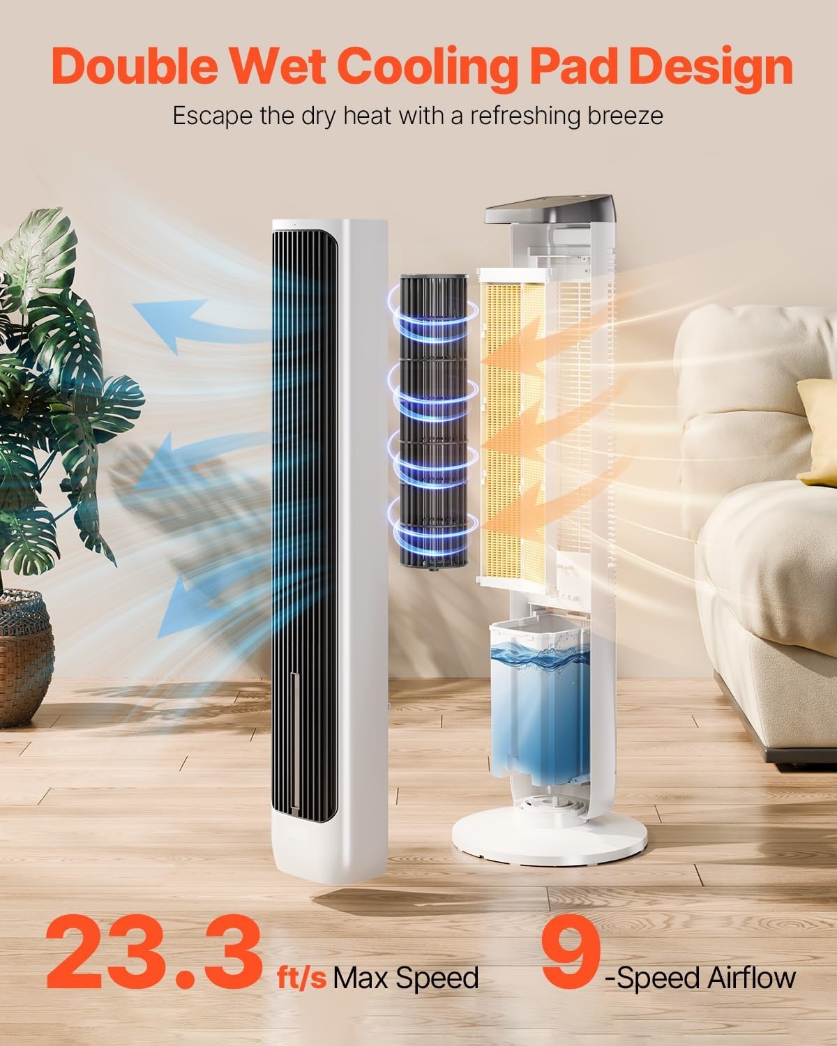 image:imageVEVOR Tower Fan 22 fts Velocity Quiet Floor Fan 70 Oscillating Fans for Indoors with 3 Speeds 4 Modes 12H Timer Portable Standing Bladeless Fan with Remote Control for Bedroom Office HomeEvaporative Air Cooler