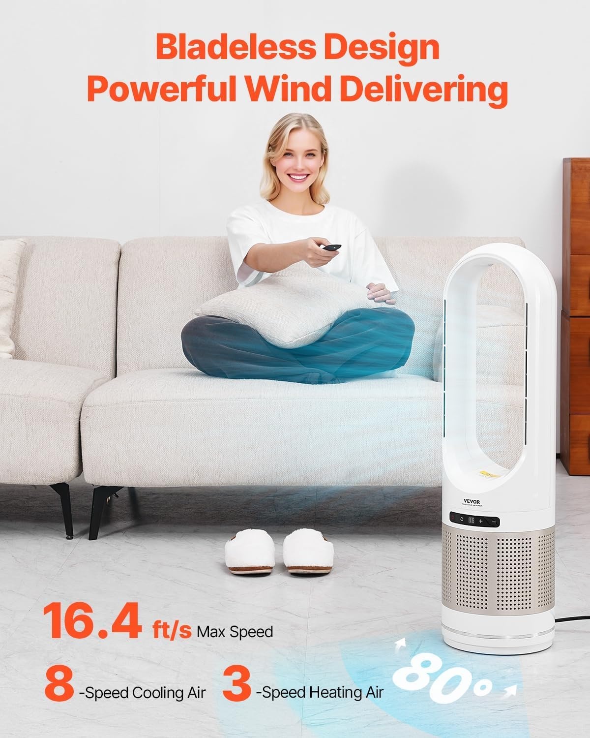 image:imageVEVOR Tower Fan 22 fts Velocity Quiet Floor Fan 70 Oscillating Fans for Indoors with 3 Speeds 4 Modes 12H Timer Portable Standing Bladeless Fan with Remote Control for Bedroom Office Home34in Tower Fan w Heating Purification