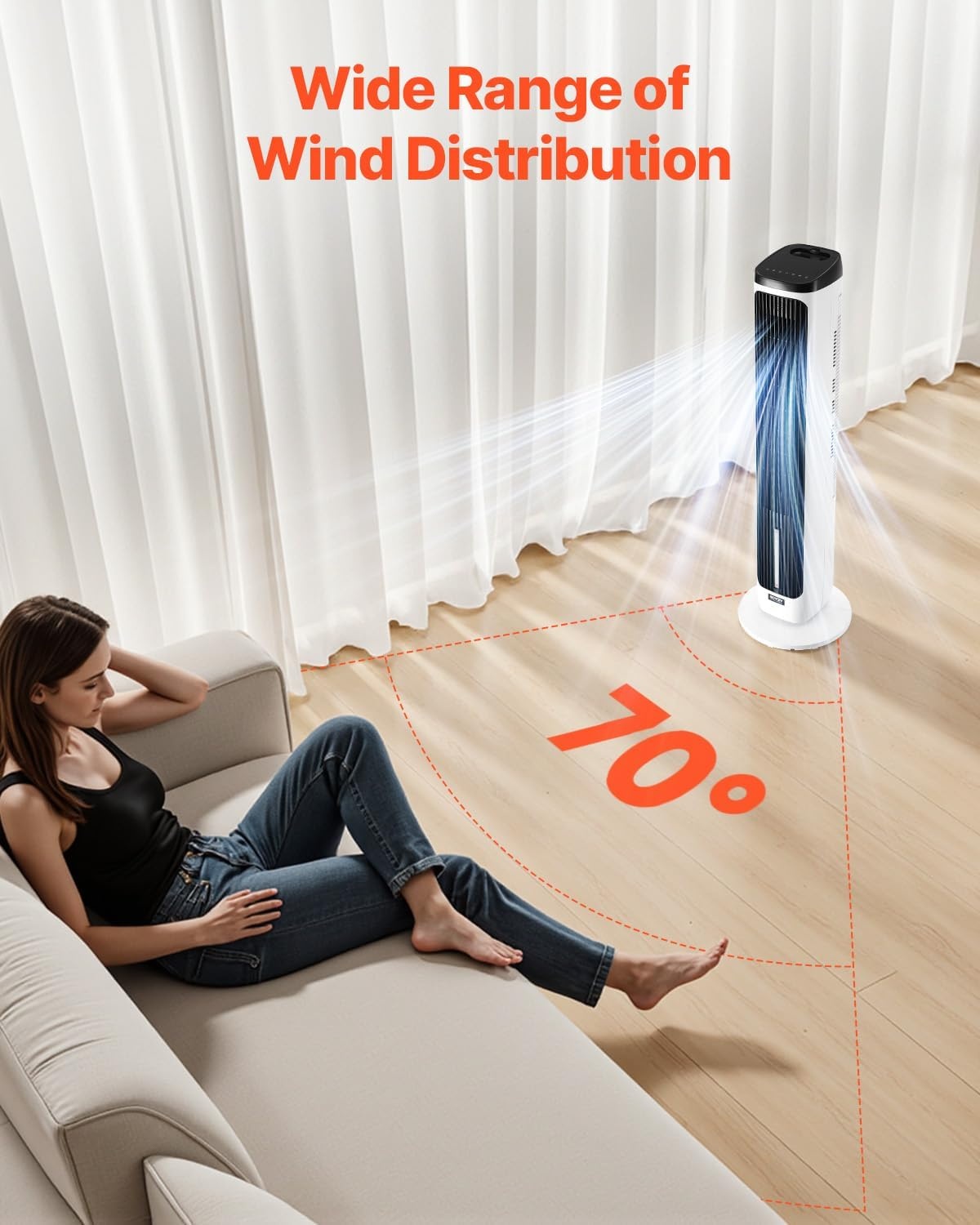 image:imageVEVOR Tower Fan 22 fts Velocity Quiet Floor Fan 70 Oscillating Fans for Indoors with 3 Speeds 4 Modes 12H Timer Portable Standing Bladeless Fan with Remote Control for Bedroom Office HomeEvaporative Air Cooler