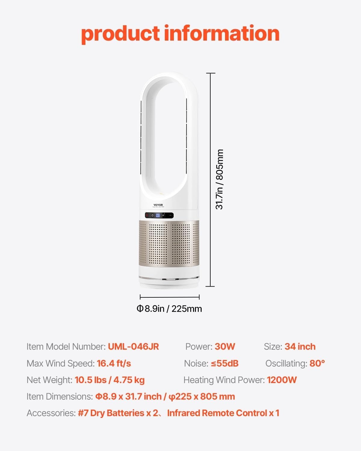 image:imageVEVOR Tower Fan 22 fts Velocity Quiet Floor Fan 70 Oscillating Fans for Indoors with 3 Speeds 4 Modes 12H Timer Portable Standing Bladeless Fan with Remote Control for Bedroom Office Home34in Tower Fan w Heating Purification