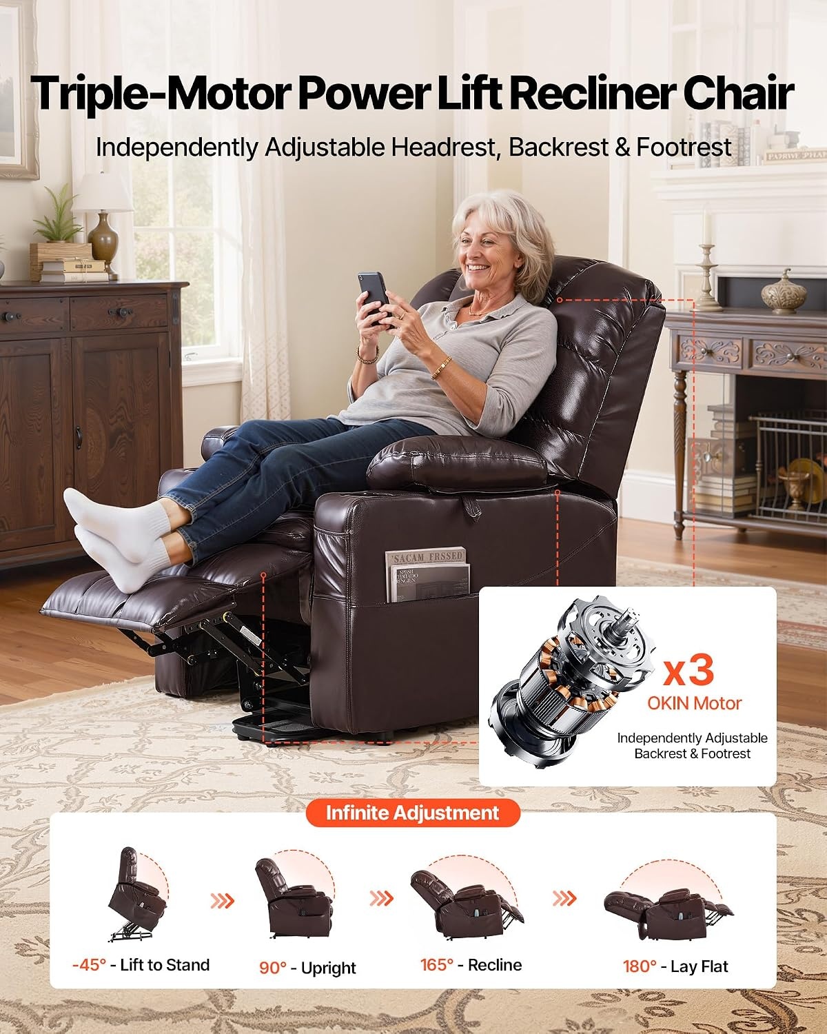 image:imageVEVOR Triple Motor Power Lift Recliner Chair Large Lift Chair with Heat and Massage for Elderly Position Adjustable Leather Surface with Storage Pockets and Cup Holders BrownTriple motor