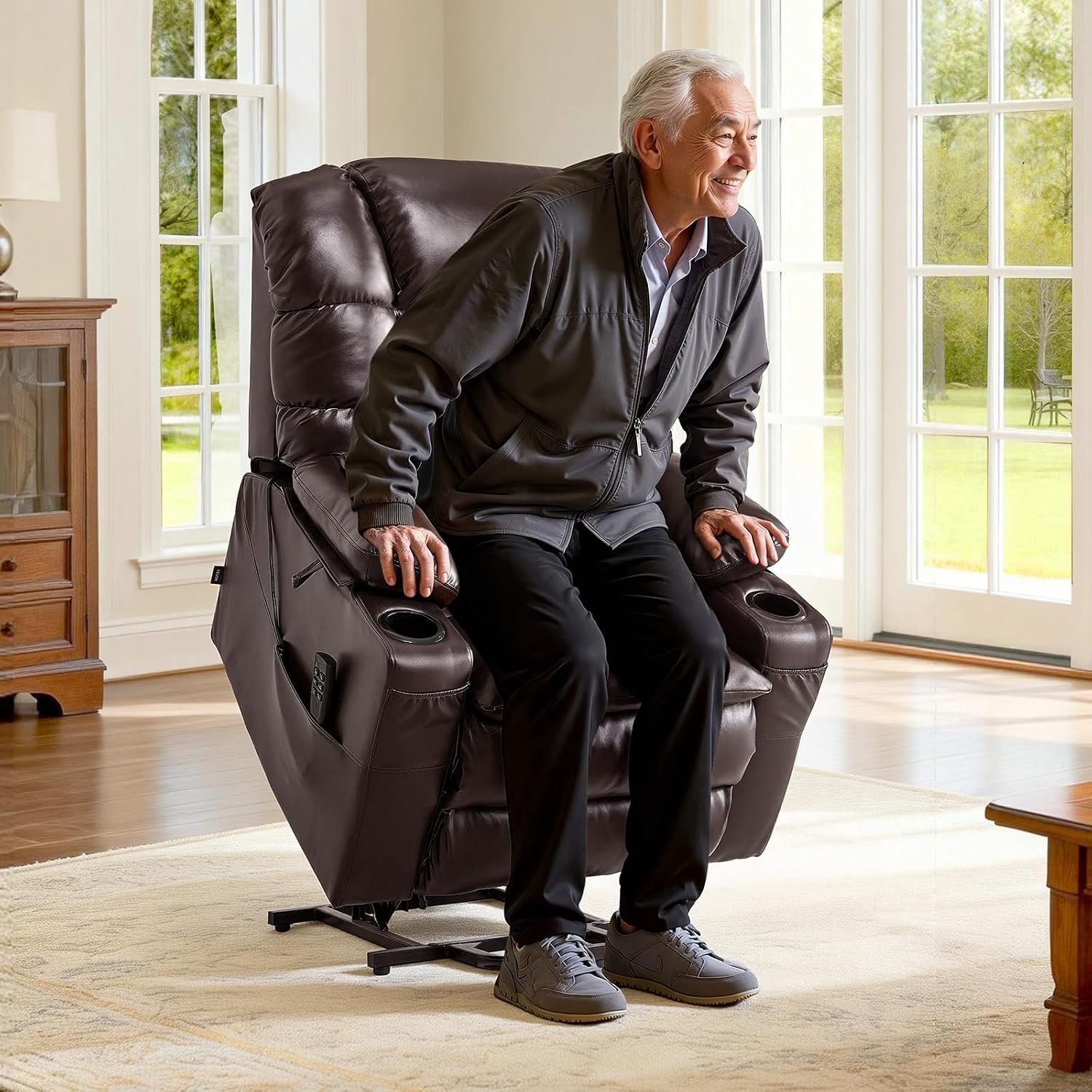 image:imageVEVOR Triple Motor Power Lift Recliner Chair Large Lift Chair with Heat and Massage for Elderly Position Adjustable Leather Surface with Storage Pockets and Cup Holders BrownTriple motor