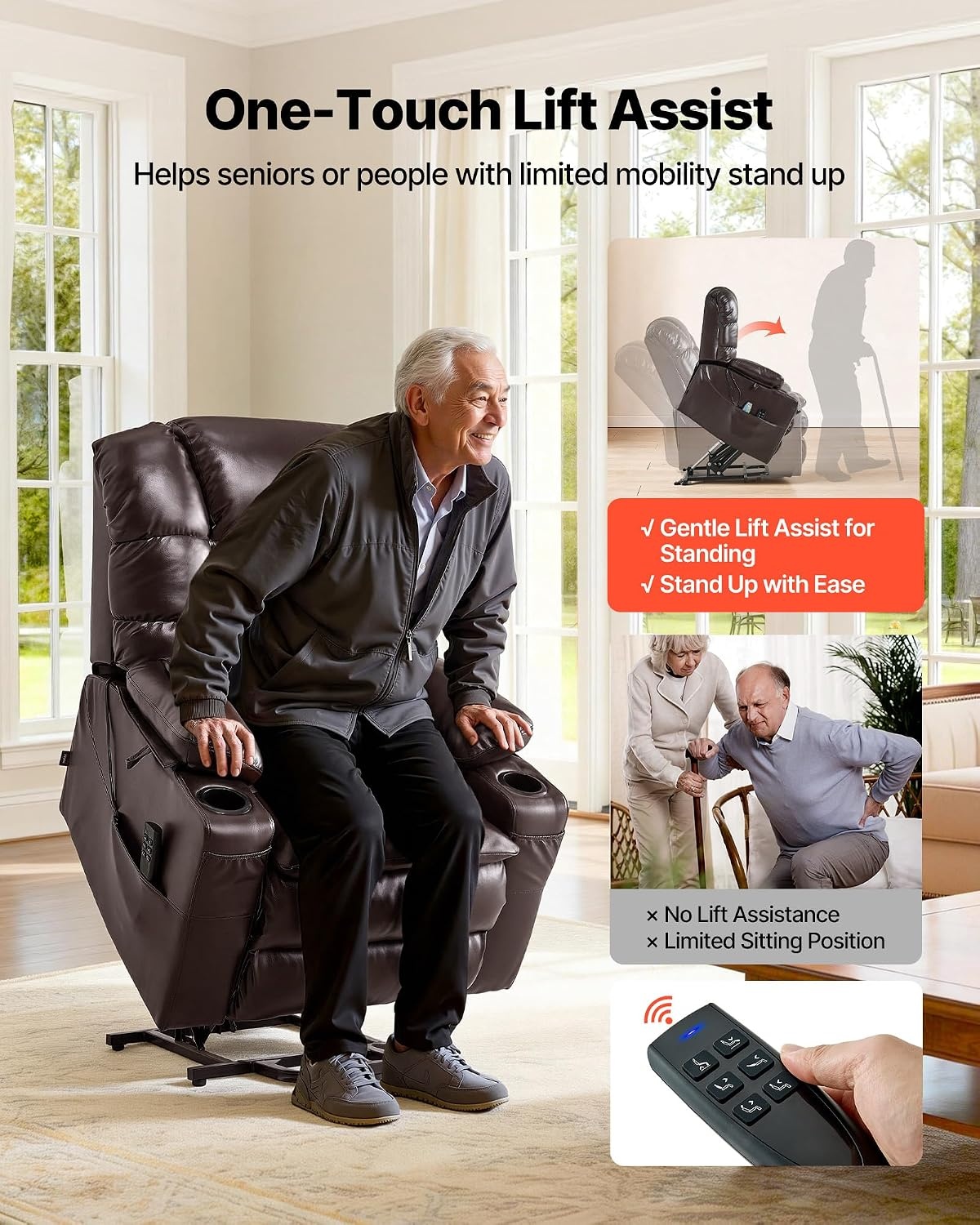 image:imageVEVOR Triple Motor Power Lift Recliner Chair Large Lift Chair with Heat and Massage for Elderly Position Adjustable Leather Surface with Storage Pockets and Cup Holders BrownTriple motor