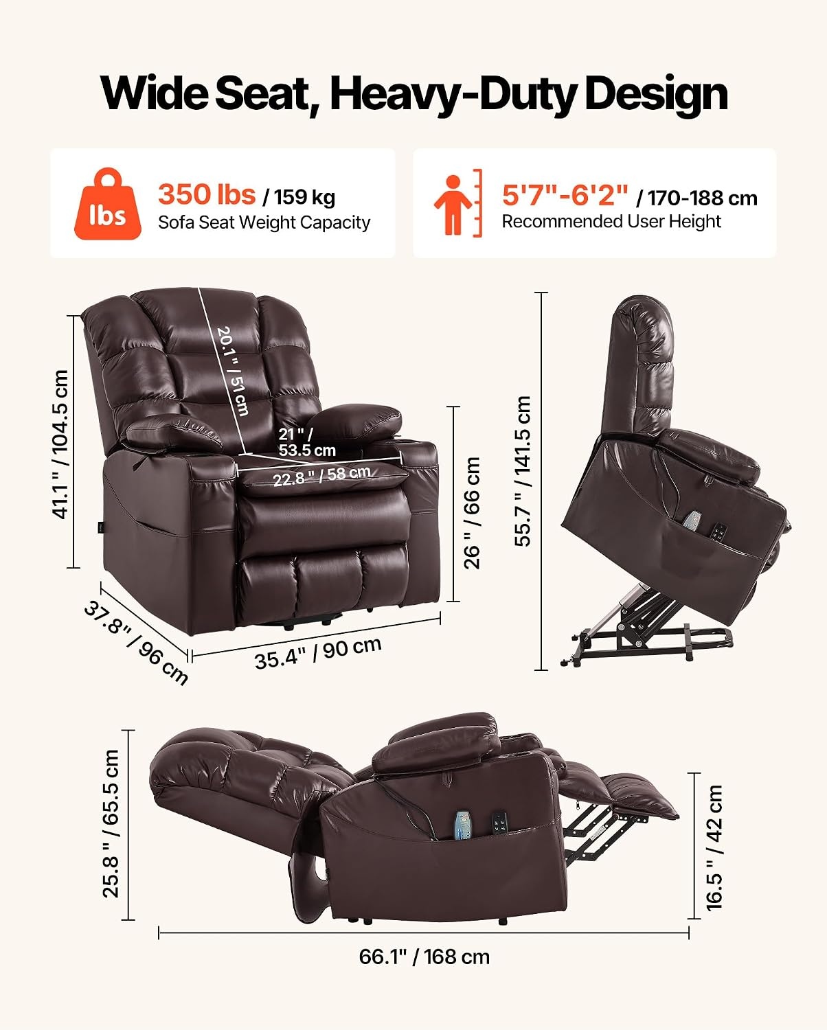 image:imageVEVOR Triple Motor Power Lift Recliner Chair Large Lift Chair with Heat and Massage for Elderly Position Adjustable Leather Surface with Storage Pockets and Cup Holders BrownTriple motor