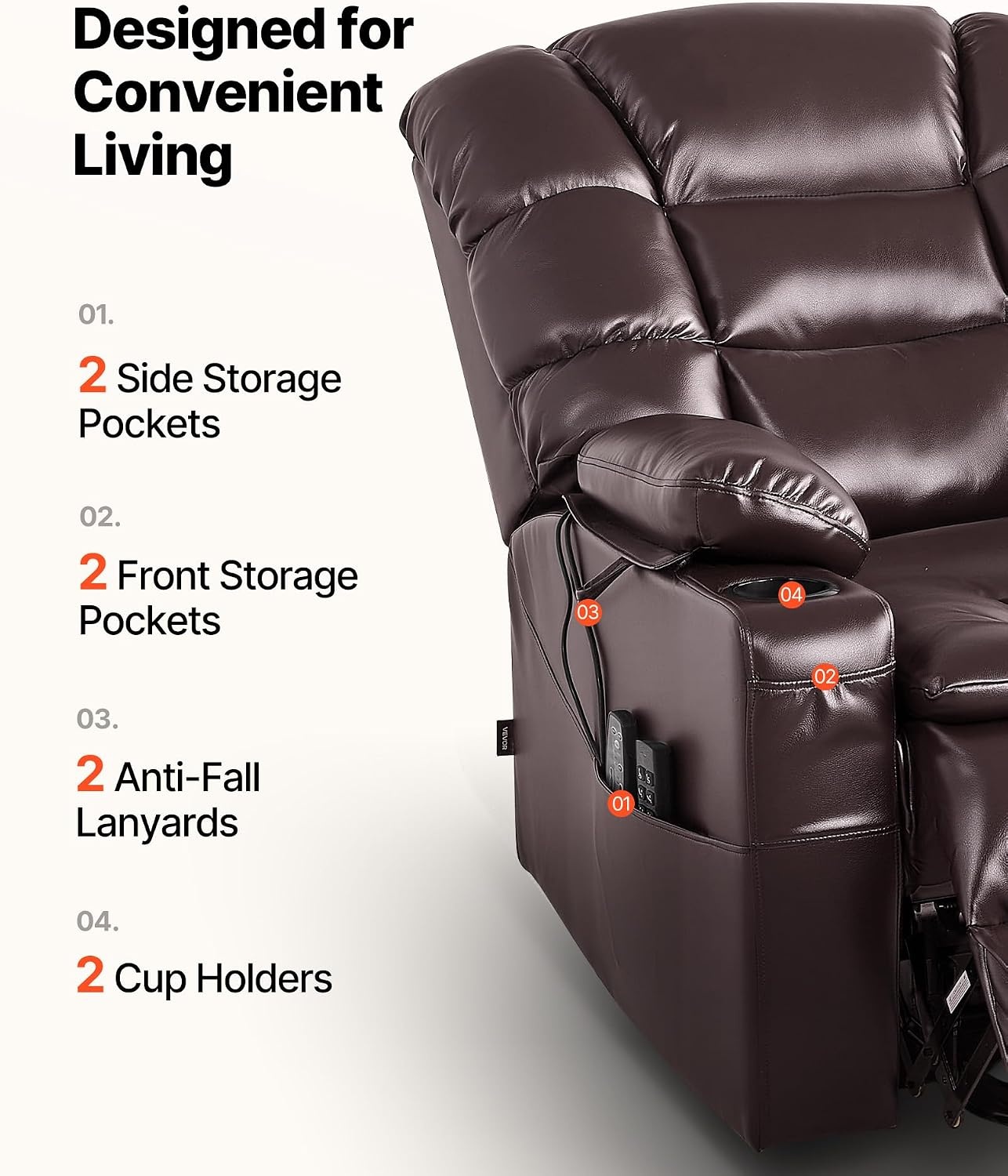 image:imageVEVOR Triple Motor Power Lift Recliner Chair Large Lift Chair with Heat and Massage for Elderly Position Adjustable Leather Surface with Storage Pockets and Cup Holders BrownTriple motor