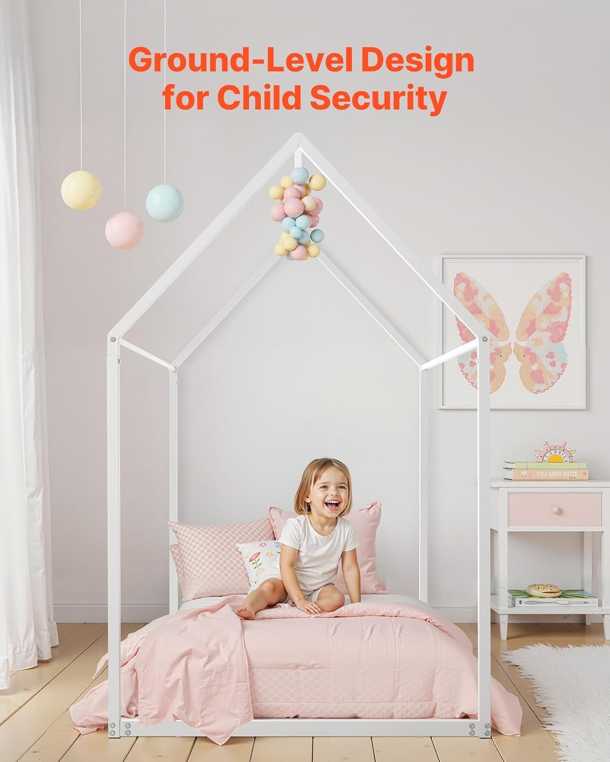 image:imageVEVOR Twin Size House Bed Frame Metal Kids Floor Bed Frame with Roof Heavy Duty Steel Slats Support House Shape Bedframe for Girls and Boys No Box Spring Needed Easy Assembly White
