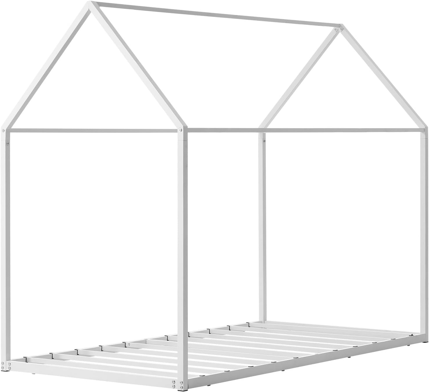image:imageVEVOR Twin Size House Bed Frame Metal Kids Floor Bed Frame with Roof Heavy Duty Steel Slats Support House Shape Bedframe for Girls and Boys No Box Spring Needed Easy Assembly White