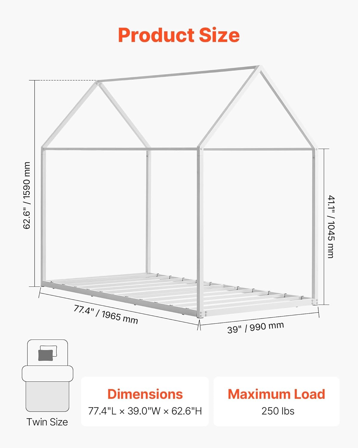 image:imageVEVOR Twin Size House Bed Frame Metal Kids Floor Bed Frame with Roof Heavy Duty Steel Slats Support House Shape Bedframe for Girls and Boys No Box Spring Needed Easy Assembly White