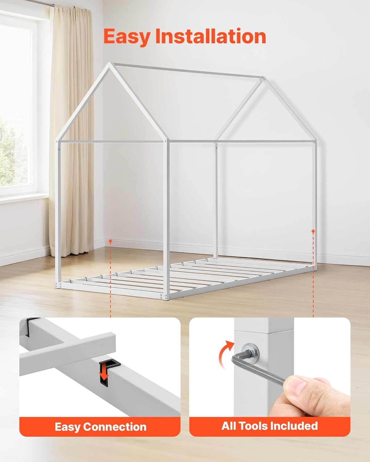 image:imageVEVOR Twin Size House Bed Frame Metal Kids Floor Bed Frame with Roof Heavy Duty Steel Slats Support House Shape Bedframe for Girls and Boys No Box Spring Needed Easy Assembly White