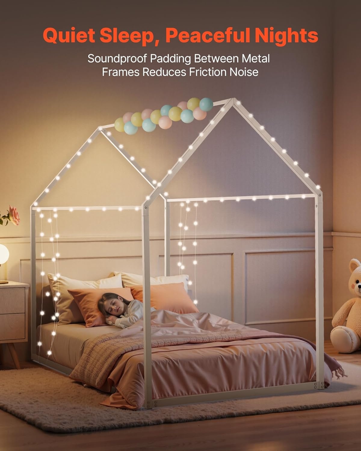 image:imageVEVOR Twin Size House Bed Frame Metal Kids Floor Bed Frame with Roof Heavy Duty Steel Slats Support House Shape Bedframe for Girls and Boys No Box Spring Needed Easy Assembly White