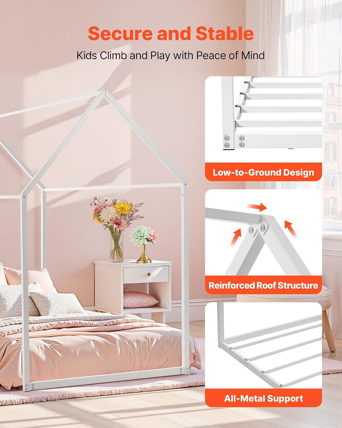 image:imageVEVOR Twin Size House Bed Frame Metal Kids Floor Bed Frame with Roof Heavy Duty Steel Slats Support House Shape Bedframe for Girls and Boys No Box Spring Needed Easy Assembly White