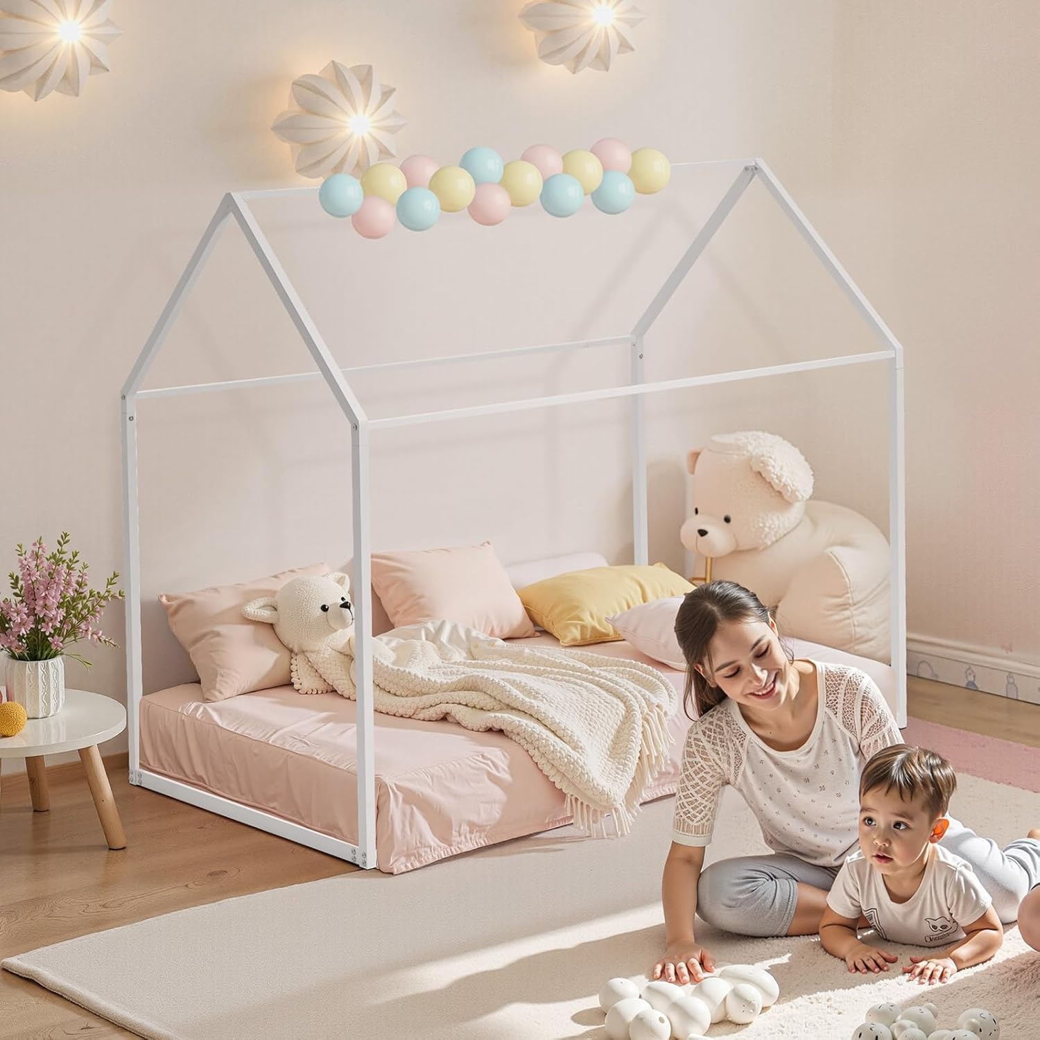 image:imageVEVOR Twin Size House Bed Frame Metal Kids Floor Bed Frame with Roof Heavy Duty Steel Slats Support House Shape Bedframe for Girls and Boys No Box Spring Needed Easy Assembly White