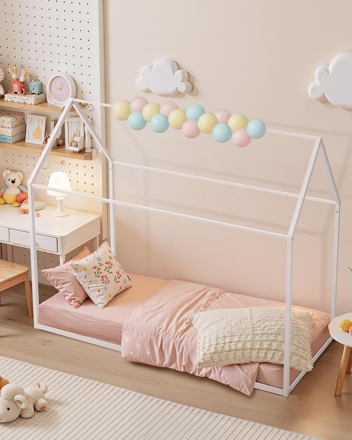 image:imageVEVOR Twin Size House Bed Frame Metal Kids Floor Bed Frame with Roof Heavy Duty Steel Slats Support House Shape Bedframe for Girls and Boys No Box Spring Needed Easy Assembly White